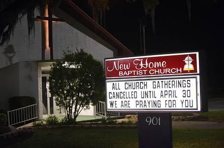LAKELAND, UNITED STATES - APRIL 2, 2020:
View of a sign saying "All church gatherings are cancelled until April 30th" at the New Home Baptist Church amid Coronavirus outbreak.
Many churches have temporarily replaced regular services with on-line services.