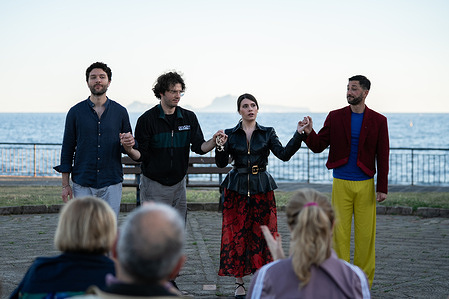 Pasquale Aprile, Gaetano Migliaccio, Giovanna Sannino and Carlo Caracciolo (from left to right) perform during the theatrical show Mater Familia at Urban Park “Granatello”.