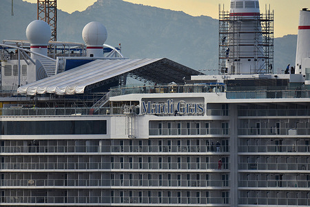 The Carnival Mardi Gras seen docked in the French Mediterranean port for maintenance and repairs.