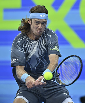 Andrey Rublev of Russia plays against Stefanos Tsitsipas of Greece (not in view) during their men's singles quarter final match at the ATP Qatar Exxonmobil Open 2026 tennis tournament at the Khalifa International Tennis Complex. Andrey Rublev won against Andrey Rublev 6-3,7-6.
