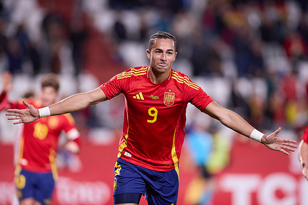Mateo Joseph Fernandez of Spain U21 celebrates a goal during the Men's U21 international friendly match between Spain and Denmark at Estadio Carlos Belmonte. Final score: Spain U21 2 :1 Denmark U21