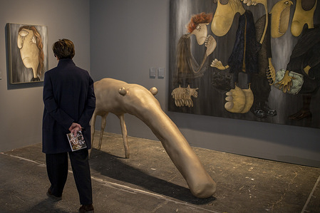 A visitor observes the works of Rafa Macarron during the opening of ARCO (Spain's International Contemporary Art Fair) at its 45th edition at the IFEMA exhibition center in Madrid.