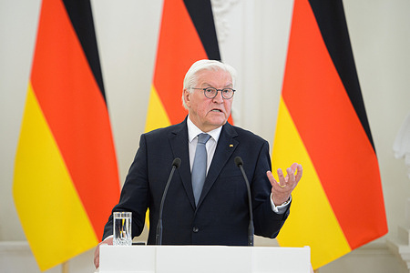 President of Germany Frank-Walter Steinmeier speaks at a press conference after meeting with President of Lithuania Gitanas Nauseda at the Presidential Palace in Vilnius. The German President Steinmeier held a joint press conference with the President of Lithuania, Gitanas Nauseda. Steinmeier is on a two-day visit to Lithuania.
