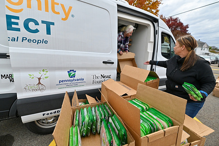 Volunteers gather chicken to pass out at a food distribution.
