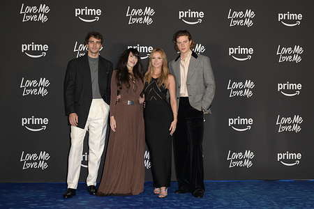 Pepe Barroso (l), Stefania S. (c), Mia Jenkins (c) and Luca Melucci (r) attend the blu carpet of Prime Video movie Love Me Love Me at Auditorium Parco della Musica.