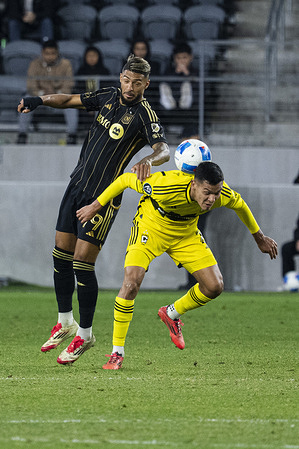 Marcelo Herrera (2) of LAFC seen in action with Denis Bouanga (99) of Columbus Crew during LAFC Vs Columbus Crew match at BMO Stadium. Final Score LAFC 3 : 0 Columbus Crew