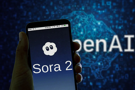 In this photo illustration, the logo of the generative video social media app Sora 2 by Open AI is seen displayed on a smartphone.