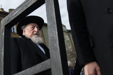 A Jewish man attends the 75th anniversary of the liquidation of the Krakow ghetto at the Ghetto Heroes Square in Krakow.
