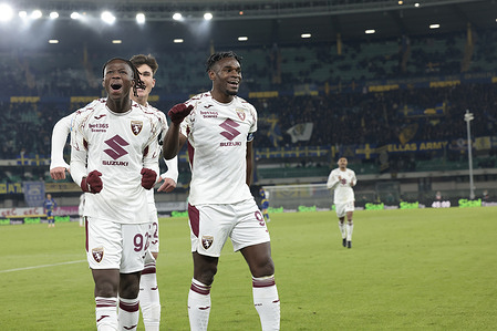 Alieu Eybi Njie of Torino FC celebrates after scoring goal 0-3 during the Italian Serie A soccer match Hellas Verona vs Torino Fc at Marcantonio Bentegodi Stadium. Hellas Verona 0 - 3 Torino FC