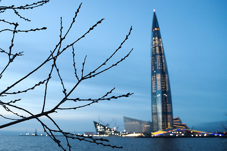 Buds form on trees close to Lakhta center at 300 Years of St.-Petersburg Park in January which is one of the warmest winters in history in Russia.