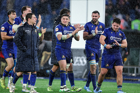 The players of the Italian team celebrate the victory during the Guinness Six Nations 2026 Round 1 match between Italy and Scotland at Olympic Stadium. Final scores; Italy vs Scotland 18-15.