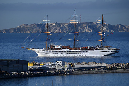 View of the Sea Cloud Spirit arriving in Marseille. The passenger cruise ship Sea Cloud Spirit arrives at the French Mediterranean port of Marseille.