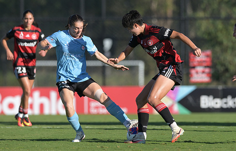 Karly Roestbakken (L) of Melbourne City FC and Yuan Cong (R) of Western Sydney Wanderers seen in action during the 2025/26 Ninja A-League Women Round 20 match between Western Sydney Wanderers and Melbourne City FC held at the Wanderers Football Park. Final score Western Sydney Wanderers 1 : 2 Melbourne City FC.