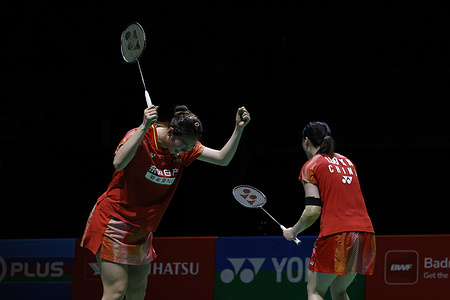Luo Xu Min and Chen Fan Shu Tian of China seen celebrating victory against Sayaka Hirota and Ayako Sakuramoto of Japan (not in view) during the Women's Doubles Final match of the Perodua Malaysia Masters 2026 at Unifi Arena. Luo Xu Min and Chen Fan Shu Tian won with scores; 21/25 : 16/23.