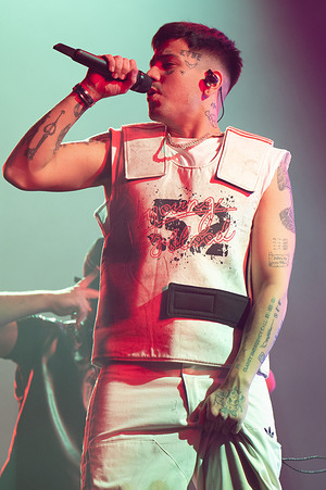 Mauro Ezequiel Lombardo known as Duki performs in concert at Movistar Arena in Madrid.