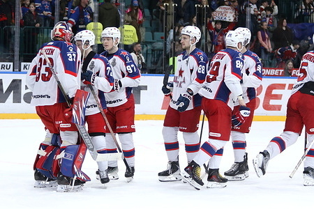 Dmitry Gamzin (33), Dmitry Buchelnikov (72) and Alexei Churkin (97), (88) of CSKA Hockey Club seen in action during the Hockey match, Kontinental Hockey League 2025/2026, Gagarin Cup 1/8 finals, 4 match, between SKA Saint Petersburg and CSKA Moscow at the Ice Sports Palace. (Final score; SKA Saint Petersburg 2:4 CSKA Moscow).