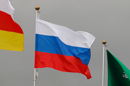 The flag of Russian Federation seen in the gallery of flags of the participating countries in the framework of St. Petersburg International Economic Forum 2022 (SPIEF 2022).