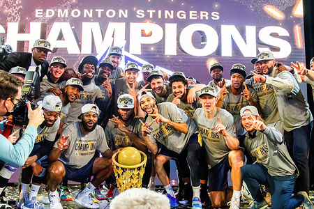 Edmonton Stingers pose with the Champions Cup after the Canadian Elite Basketball Season Final between the Edmonton Stingers and the Niagara River Lions at the Edmonton Expo Center.The Edmonton Stingers claim their second straight CEBL Championship.