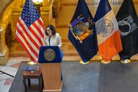 Mayor of New Amsterdam, Femke Halsema seen speaking at the Municipal Archives (surrogate's court) during the celebration of the New Amsterdam Cultural Heritage Day in New York City.