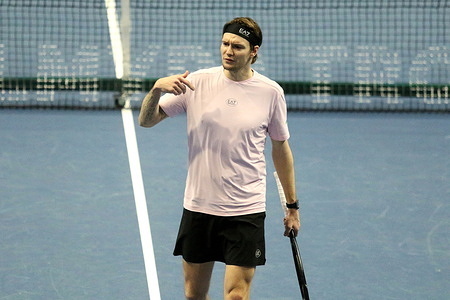 Alexander Bublik of Kazakhstan plays against Daniil Medvedev, Karen Khachanov of Russia (Not in view) during the International Team Tennis Tournament Trophies of Northern Palmyra 2025 at The Arena. Final score: (Alexander Bublik/Tallon Griekspoor 4:4, 4:2, 5:1 Daniil Medvedev/Karen Khachanov).