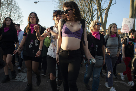 (EDITORS NOTE: Image contains nudity.)
Women seen moving along the streets during the protest.
The Italian Women organization Non Una di Meno called for a march against the thirteenth “World Congress of Families” (WCF) in Verona. The WCF gathers several representatives of “pro-life movements” in Europe and abroad, personalities from the religious world against abortion and it’s reportedly connected to far-rights movements. Non Una di Meno and other associations protest against the WCF’s positions against abortion, homosexuality and their aims to write a global agenda and politics on these matters.