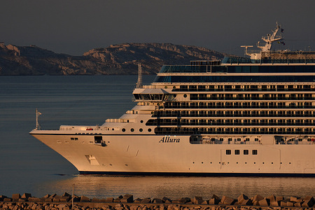 View of the passenger cruise ship Allura as it arrives at the French Mediterranean port.