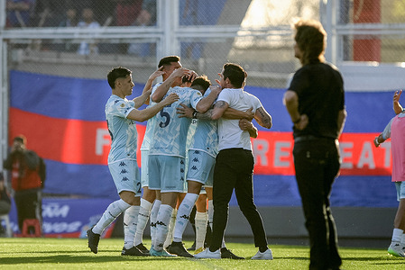 Leonardo Sigali of Racing and his teammates and coach celebrates his goal during the match between San Lorenzo Vs Racing as part of Copa de la Liga 2023 at Pedro Bidegain Stadium. Final score: San Lorenzo 1 - 1 Racing.