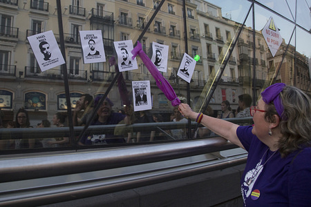 A protester point out the rapists of the case of 'La Manada'.
Protest in support of the rape victims from 'La Manada' or Wolf Pack gang members outside the Spanish Parliament in Madrid. The case happened in San Fermines Festival of 2016 in Pamplona and against the provisional freedom of the rapists two years after being incarcerated while the appeal of the sentence that condemns them is resolved to 9 years of prison.