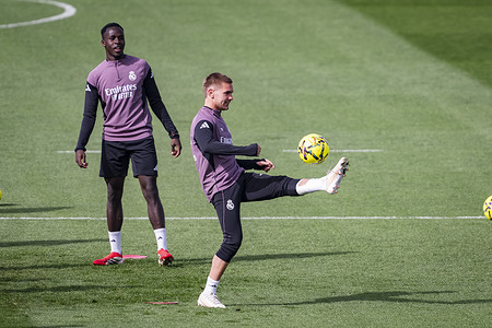 Players of Real Madrid (from L to R) Lamini Fati, Franco Mastantuono seen in action during the training session ahead of their LaLiga EA Sports match against RC Celta de Vigo at Ciudad Real Madrid.