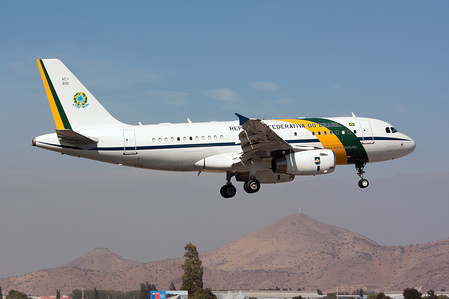 The Brasil Air Force Airbus VC-1A (319CCJ) seen about to land in Santiago with the Brazilian President Bolsonaro on board.