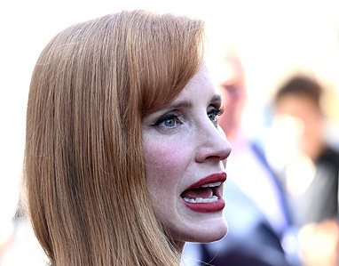 Actress/honoree Jessica Chastain does interviews at the Hollywood Walk Of Fame Star Ceremony.