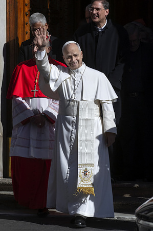 Pope Leo XIV leaves at the end of his visit to the Roman parish of the Sacred Heart of Jesus in Castro Pretorio in Rome.