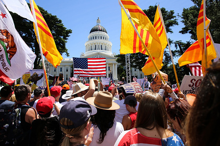 Protesters gather outside the California State Capitol Building during the demonstration.
Protesters gathered outside the California State Capitol to protest the California Stay-At-Home Orders and to call for the reopening of the California economy.