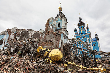 Scars of war. The tragic aftermath of violence and aggression, as a church stands in ruins from the horrors of war in Bogorodichne Donetsk reg., a victim of Russian military action against Ukraine. Bohorodichne is one of the many villages in Donetsk Oblast that have been destroyed by the Russians. Active hostilities continued here in the spring, and the village was occupied from summer to September 11, 2022. During this time, it was completely destroyed - not a single intact building remained. Now it is a ghost village. The only thing left behind by the Russians is ruins and mountains of garbage. It is noted that the invaders lived in a local monastery.