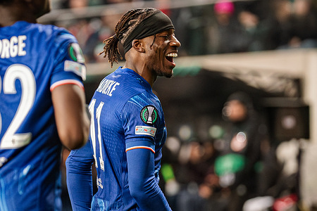 Noni Madueke of Chelsea celebrates a goal during the UEFA Conference League quarter final match between Legia Warszawa and Chelsea FC at Marshal Jozef Pilsudski Legia Warsaw Municipal Stadium. Final score; Legia Warszawa 0:3 Chelsea FC.