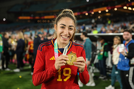Olga Carmona captain of Spain celebrates with her medal during the celebration at the FIFA Women's World Cup 2023 Final match between Spain v England at Australia Stadium, Sydney.Final score: Spain 1 - England 0.
