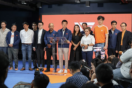 People's Party leader and prime ministerial candidate Natthaphong Ruengpanyawut, speaks at his party's headquarters while conceding defeat in Thailand's general election.