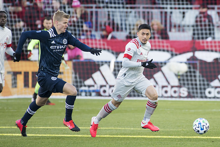 TORONTO, CANADA - MARCH 07, 2020: Marky Delgado (8) of Toronto FC and Keaton Parks (55) of NY City FC are seen in action during the MLS football march between Toronto FC and New York City FC at BMO field.
(Final score; Toronto FC 1:0 New York City)