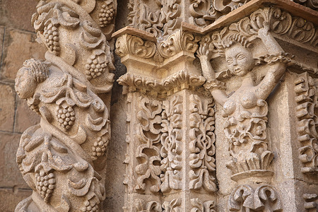 A detailed view of the San Lorenzo church façade in Potosi showcases its mestizo baroque style, blending Catholic and indigenous elements. Built between 1548 and 1744, it once served as the parish church for the indigenous Caranga people. Potosi, Bolivia, known for its silver mining since the 16th century, remains a cornerstone of the Bolivian economy. Situated at 4,070 m above sea level, it is one of the world's highest cities.