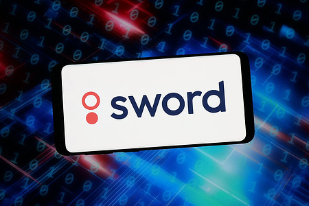 In this photo illustration, the logo of US healthcare company Sword Health Inc. is displayed on a smartphone in front of abstract background on computer screen.