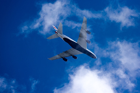 The undercarriage of a British Airways Airbus A380 seen as flight BA284 operating under the callsign BAW2X sets off from San Francisco International Airport to London Heathrow Airport.