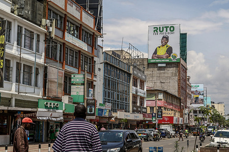 A poster with the image of Kenya Kwanza Alliance presidential candidate, William Ruto, is seen on Kenyatta Avenue in Nakuru City ahead of the presidential declaration of the winner of the just concluded general election.