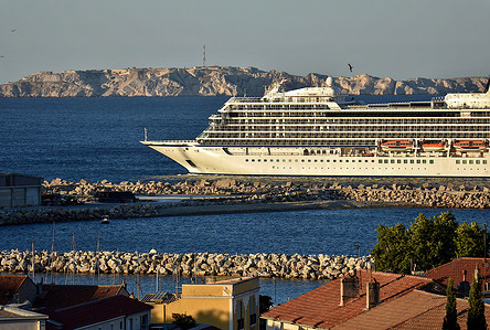 The liner Viking Sky cruise ship arrives at the French Mediterranean port of Marseille.