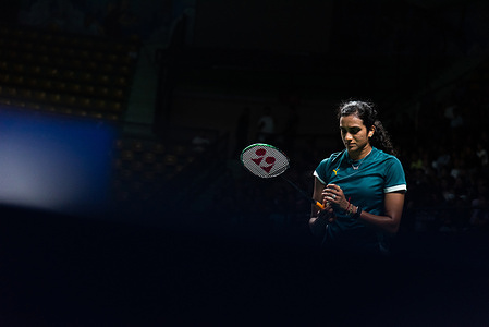 Pusarla V. Sindhu of India plays against Akane Yamaguchi of Japan (not pictured) during the Badminton Women's single quarterfinals match in the Badminton Thailand Open 2026 at Nimibutr Stadium. Akane Yamaguchi won over Pusarla V. Sindhu 2 : 1 (19:21, 21:18, 21:15).