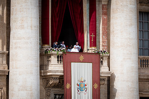Vatican City, Vatican - 20/04/2025 12:03:57: Pope Francis arrives to deliver his traditional ‘Urbi et Orbi’ Blessing from the balcony of St. Peter's basilica overlooking St. Peter's Square in Vatican City.