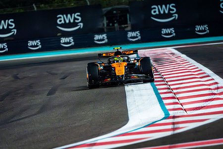McLaren Formula 1 Team's English driver Lando Norris seen in action during the race of the Formula 1 Abu Dhabi Grand Prix 2025 at Yas Marina Circuit.