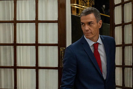 Pedro Sánchez, President of the Government of Spain attends the plenary session of the Congress of Deputies and answers questions during the parliamentary oversight session of the Government.