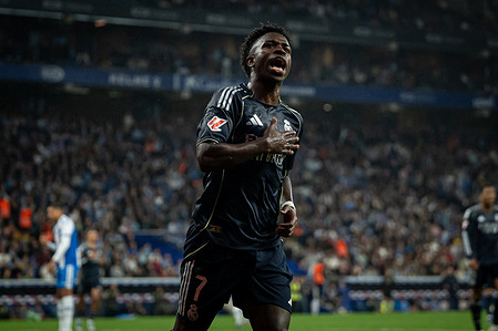 Vinicius Junior (Real Madrid CF) celebrates after scoring his team's goal during a La Liga EA Sports match between RCD Espanyol and Real Madrid CF at RCDE Stadium. Final Score: RCD Espanyol 0 - Real Madrid CF 2.