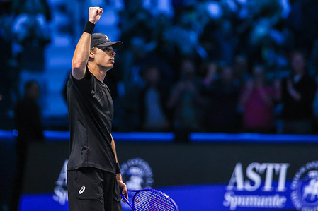 Alex De Minaur of Australia celebrates during the Men's Singles Group Stage match against Taylor Fritz of United States (not in view) on day five of the Nitto ATP Finals 2025 at Inalpi Arena.
