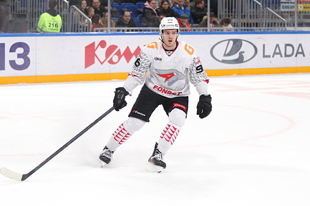 Dmitry Rashevsky (96) of Avangard Hockey Club seen in action during the Hockey match, Kontinental Hockey League 2025/2026 between Shanghai Dragons China and Avangard Omsk at the SKA Arena. (Final score; Shanghai Dragons 3:5 Avangard Omsk).